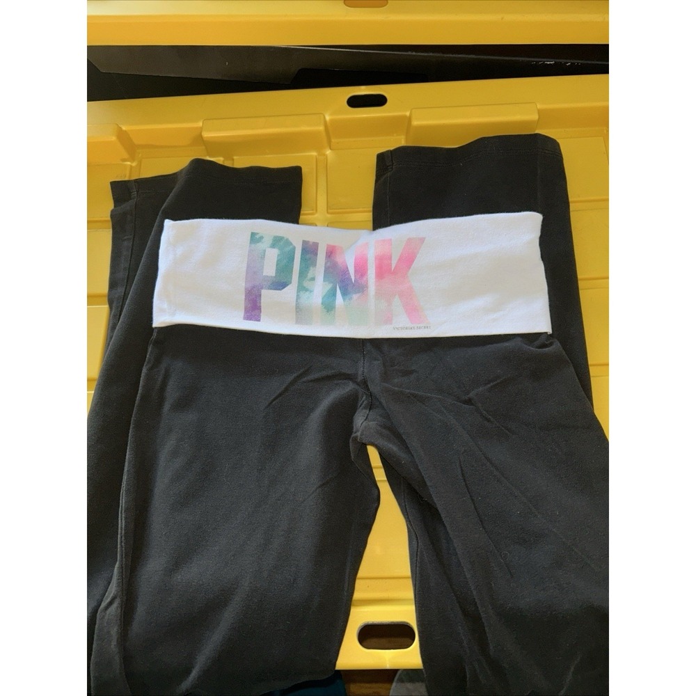 PINK Victoria's Secret Yoga Pants Black Flare Foldover Tie Dye Logo Womens Small